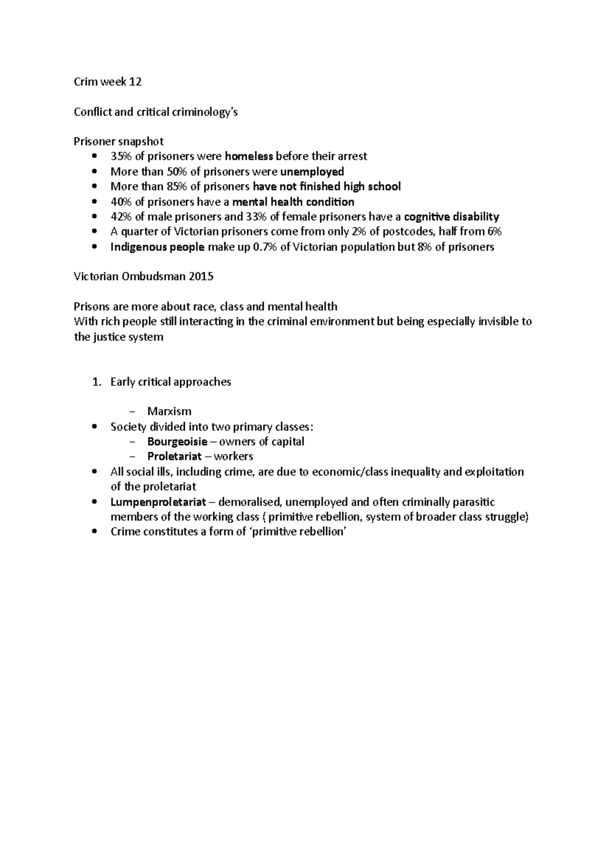 Crim week 12 - Lecture notes 12 - Crim week 12 Conlict and criical ...
