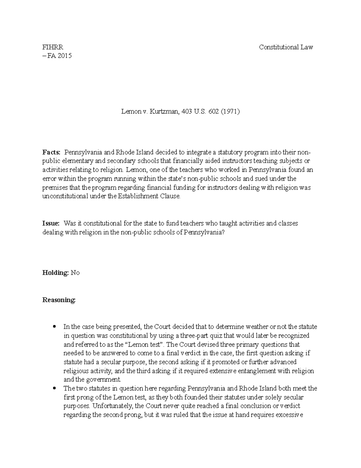 Constitutional Law Lemon v. Kurtzman Case Analysis Studocu