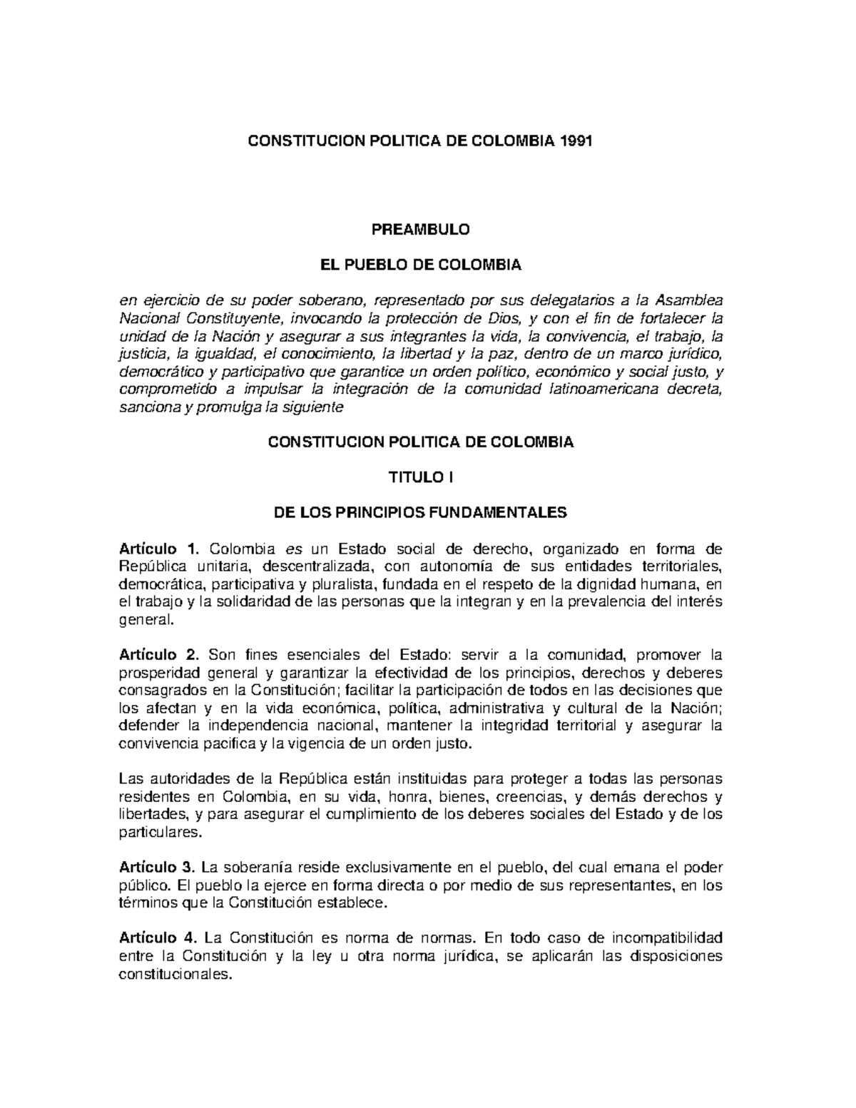 Constitucion Politica DE Colombia 1991 P CONSTITUCION POLITICA DE