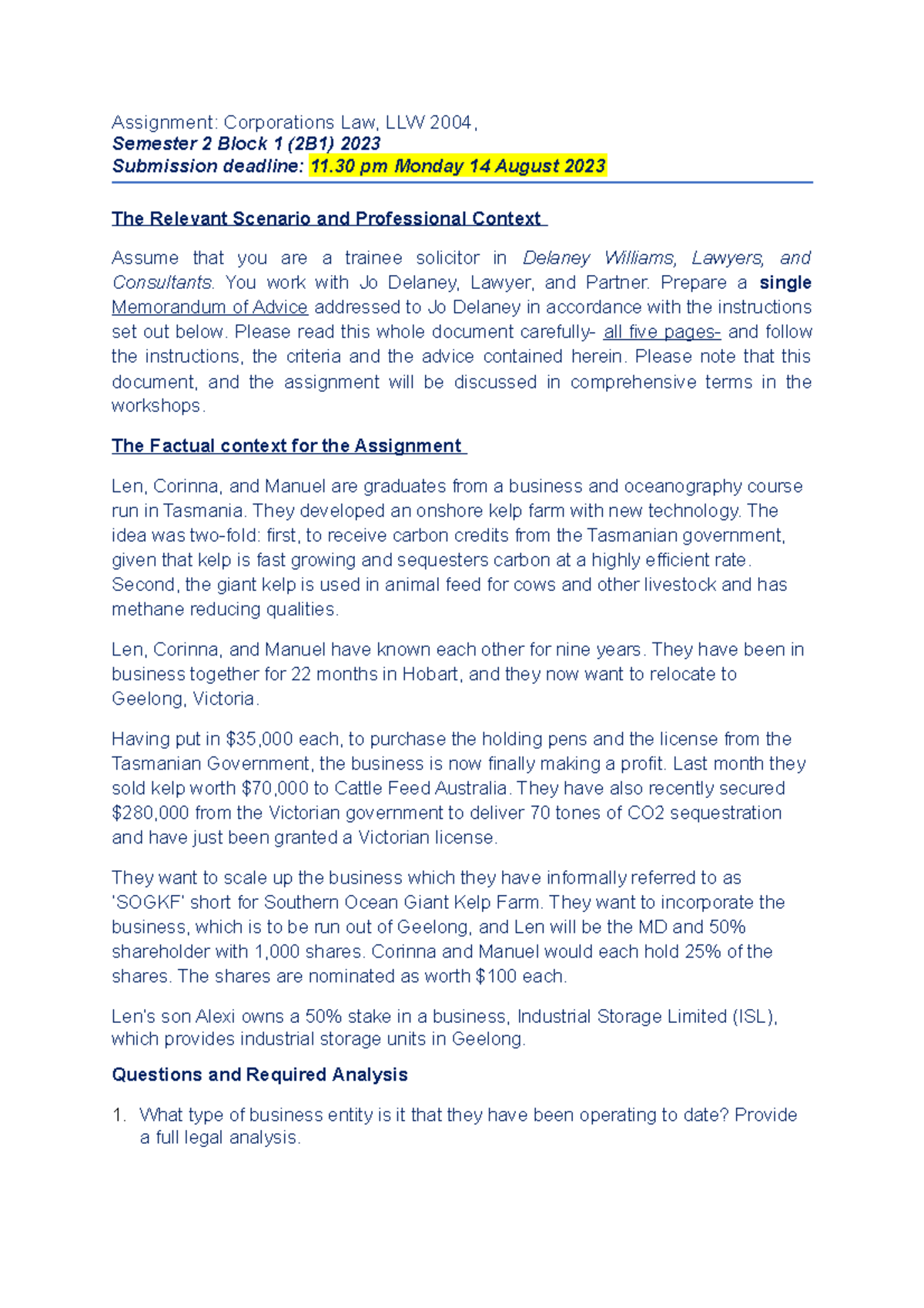 Assignment info- 2 - assingment info - Assignment: Corporations Law ...