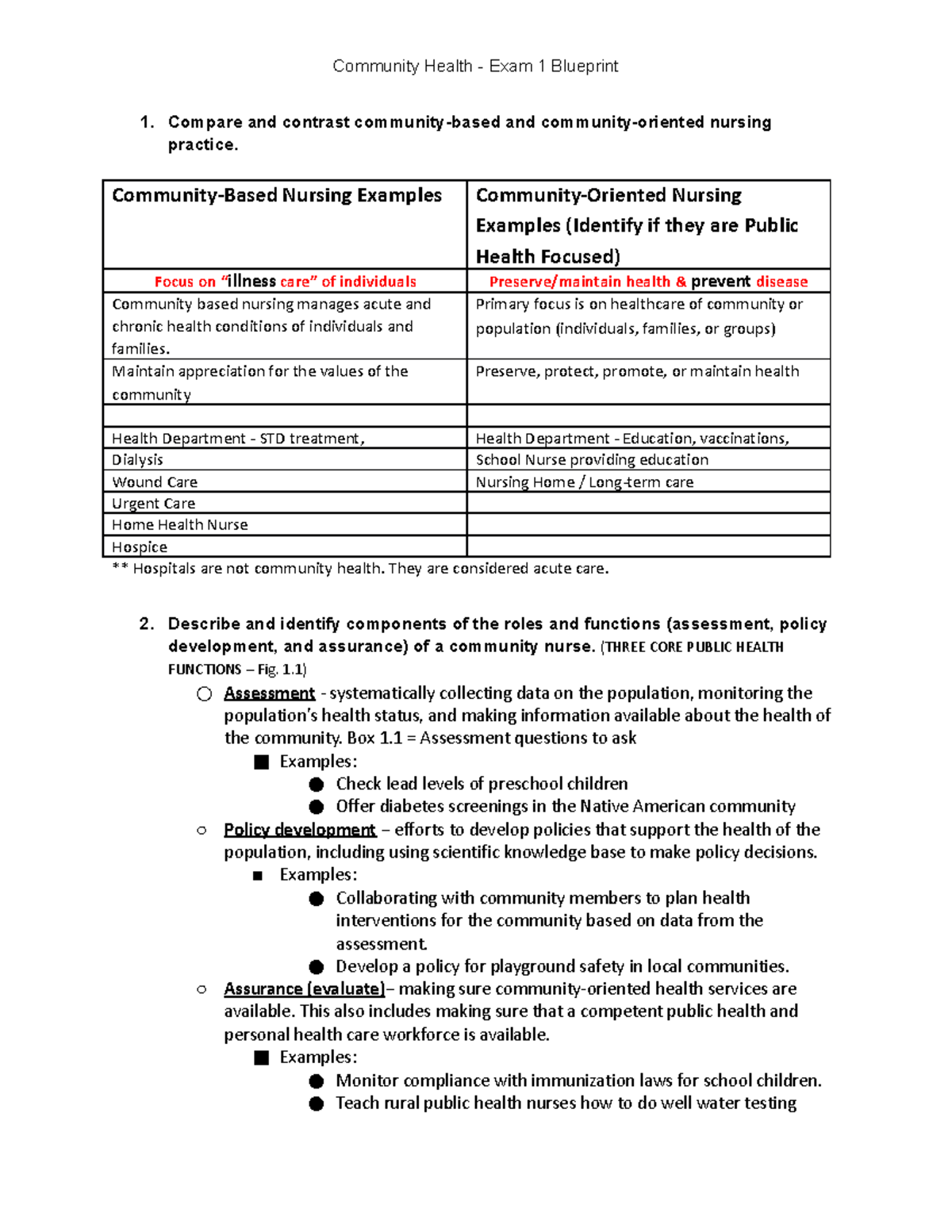 Community - Exam 1 - Community Health - Exam 1 Blueprint 1. Compare And ...