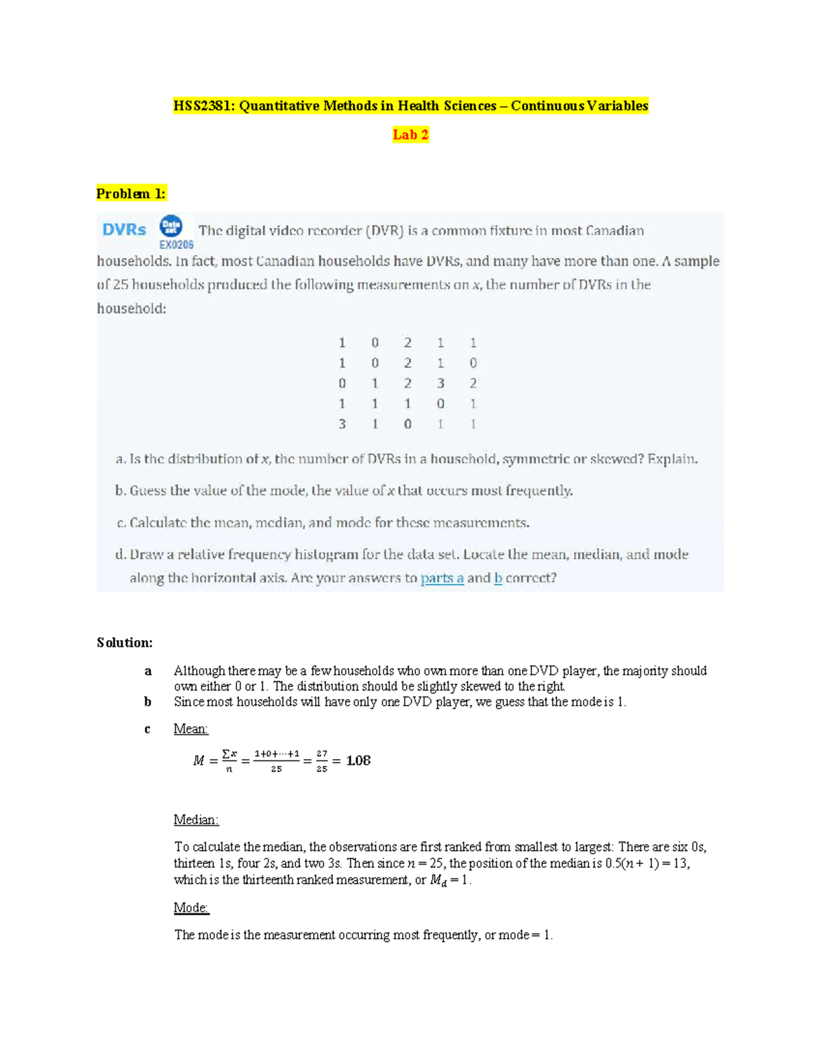 Lab 2 Solutions - lab - HSS2381: Quantitative Methods in Health ...