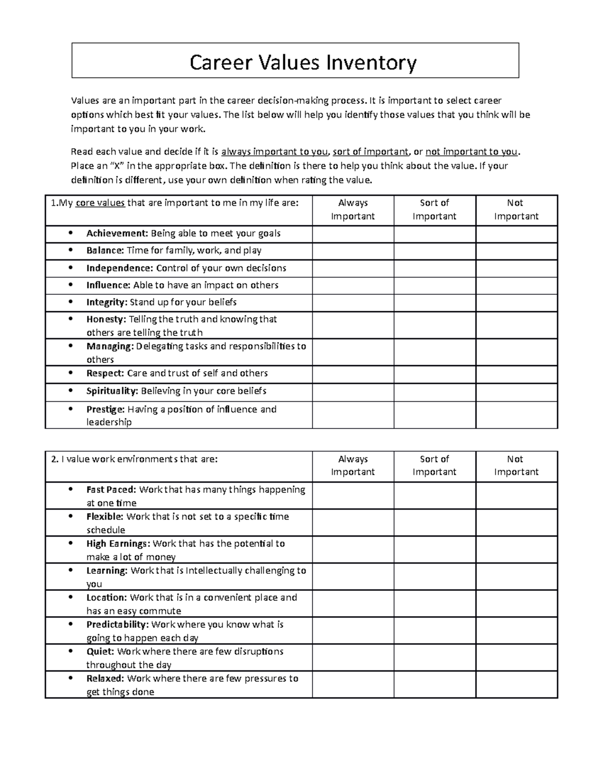 Career Value Inventory - Values are an important part in the career ...