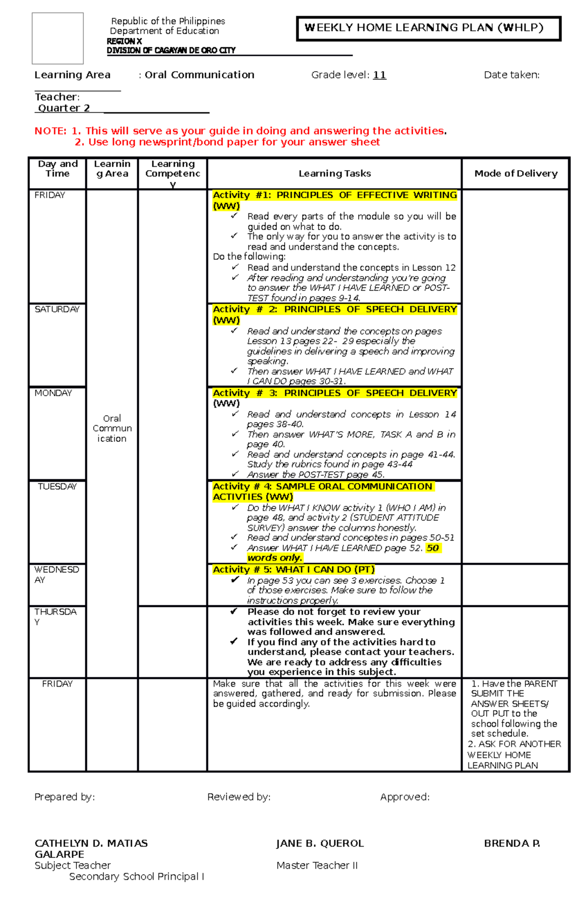 WHLP Oral Com Quarter 2 - College-aantekeningen 1-2 - Learning Area ...