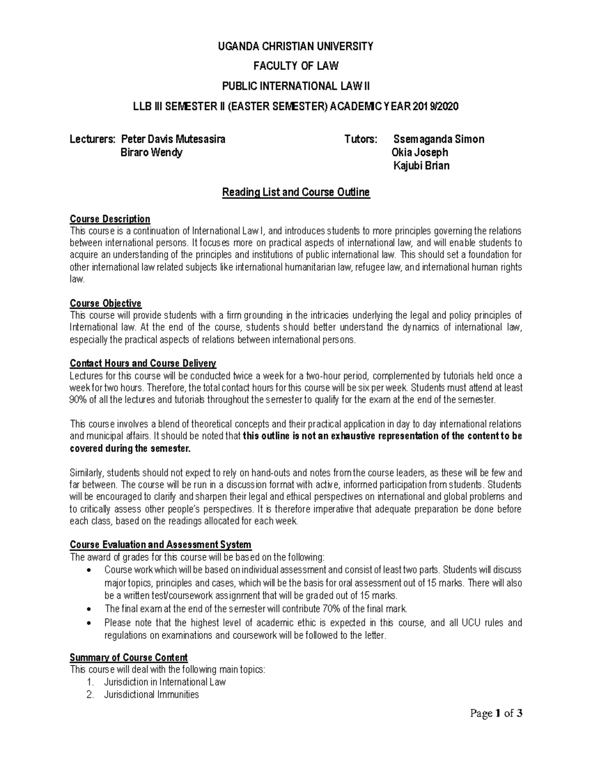 International law 2 LLB 3 Course Outline 2020 - Page 1 of 3 UGANDA ...