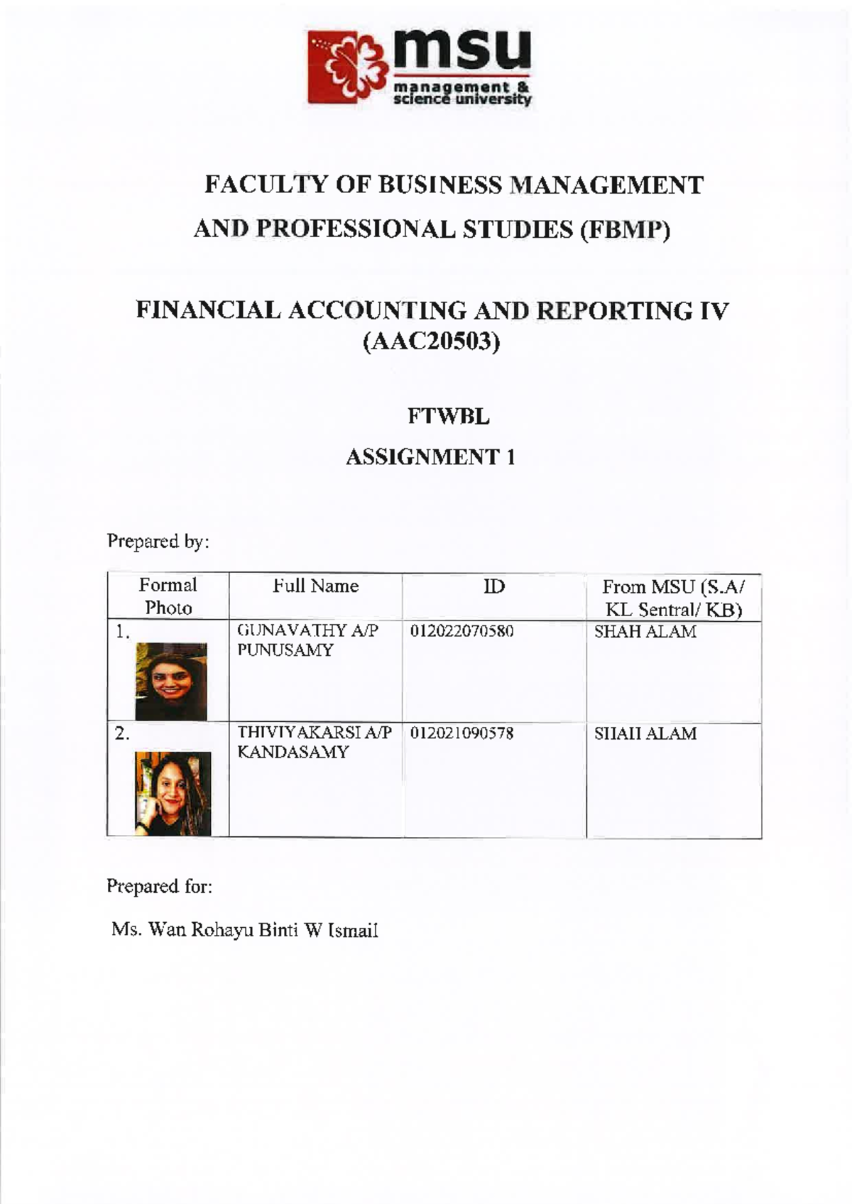 Assignment 1 FAR 4 - msu management science university FACULTY OF ...