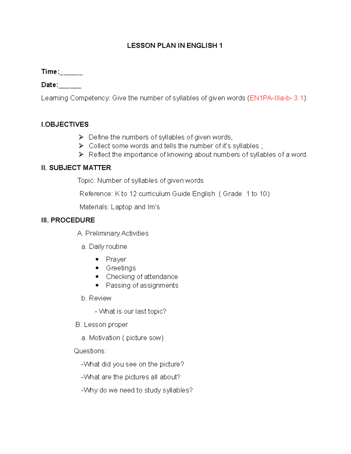 555825160 Eng 1 Number of Syllables of Given Words - LESSON PLAN IN ...