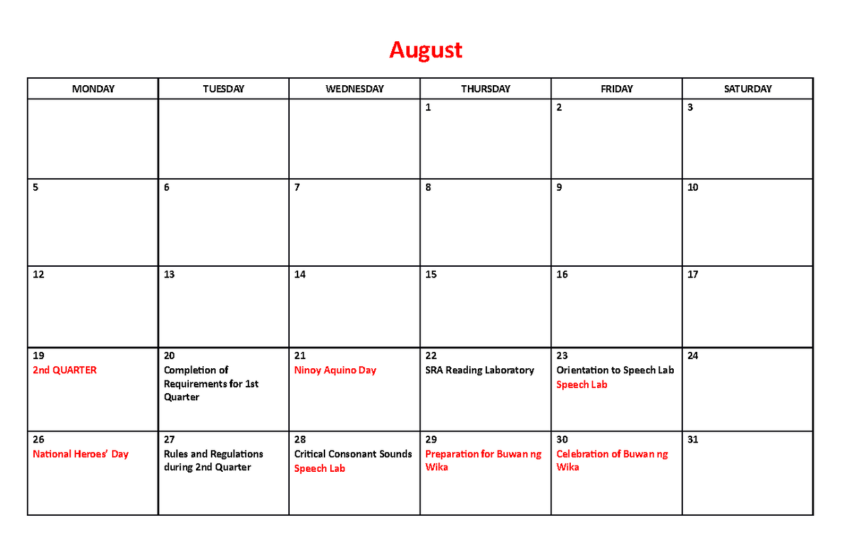 English 7 Q2 Calendar OF Lessons - August MONDAY TUESDAY WEDNESDAY ...