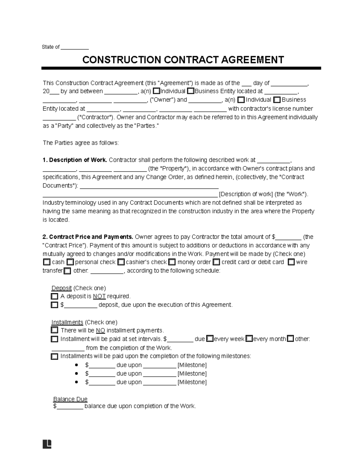 Construction contract template State of CONSTRUCTION