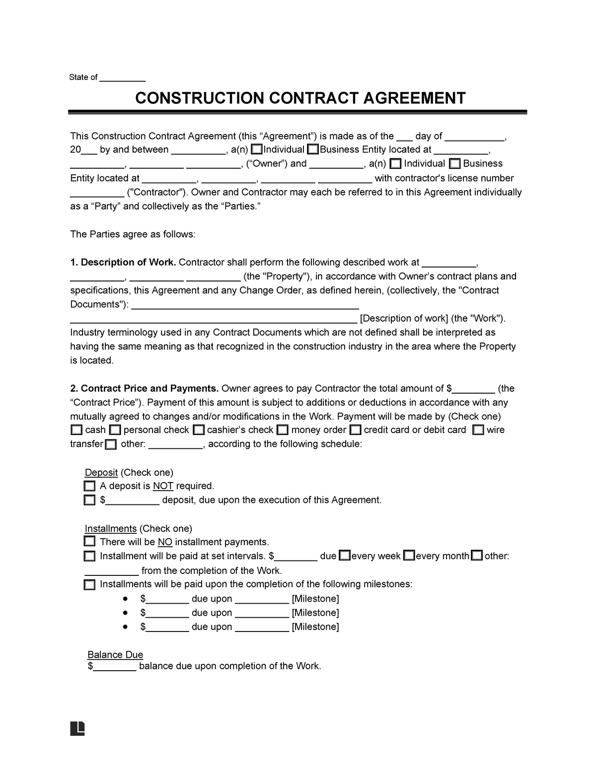 Construction contract template State Of CONSTRUCTION 