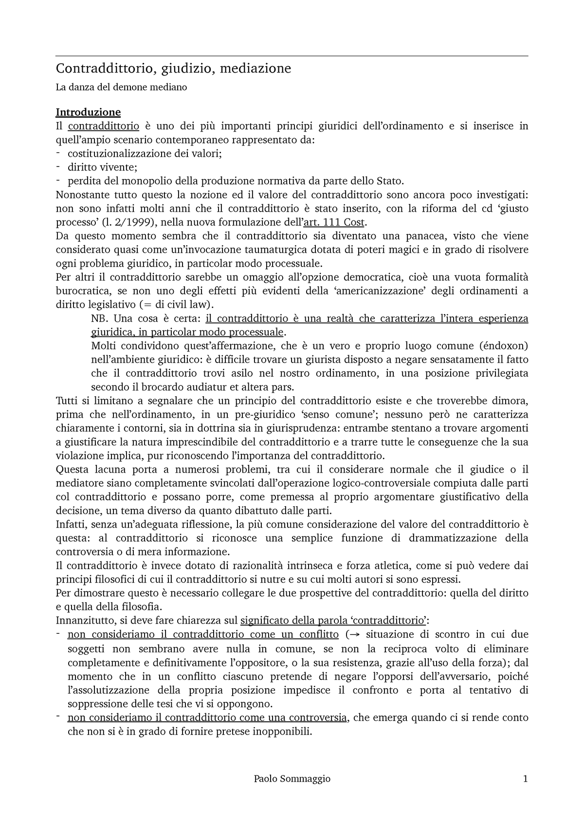 Contraddittorio Giudizio Mediazione Paolo Sommaggio Riassunto ...