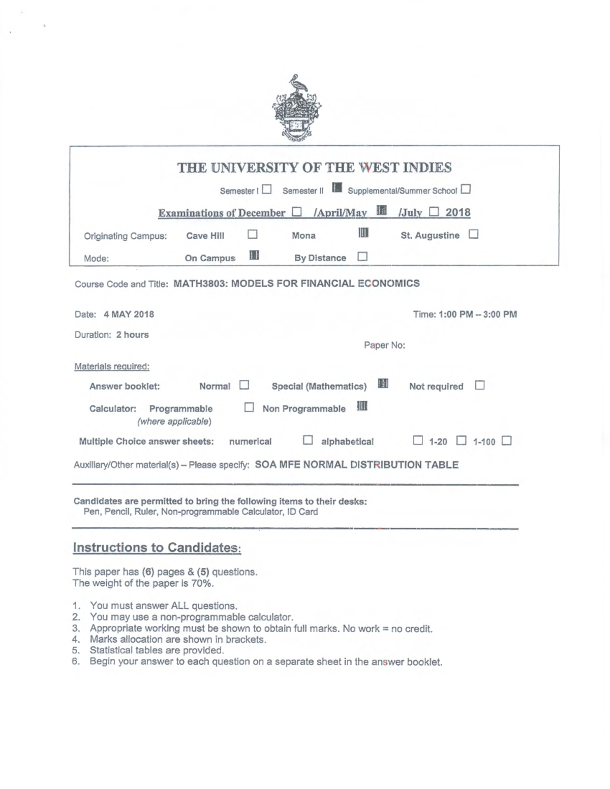 MATH3803 04052018 - Mock exam - THE UNIVERSITY OF THE WEST INDIES ...