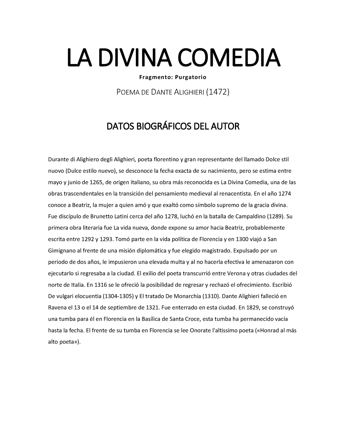 La divina comedia Rese a Bautista Mendoza LA DIVINA COMEDIA Fr