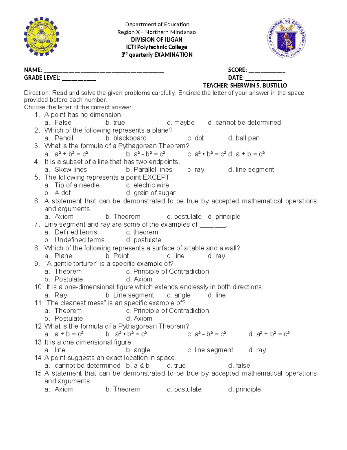 MATH 8 - Department of Education Region X – Northern Mindanao DIVISION ...