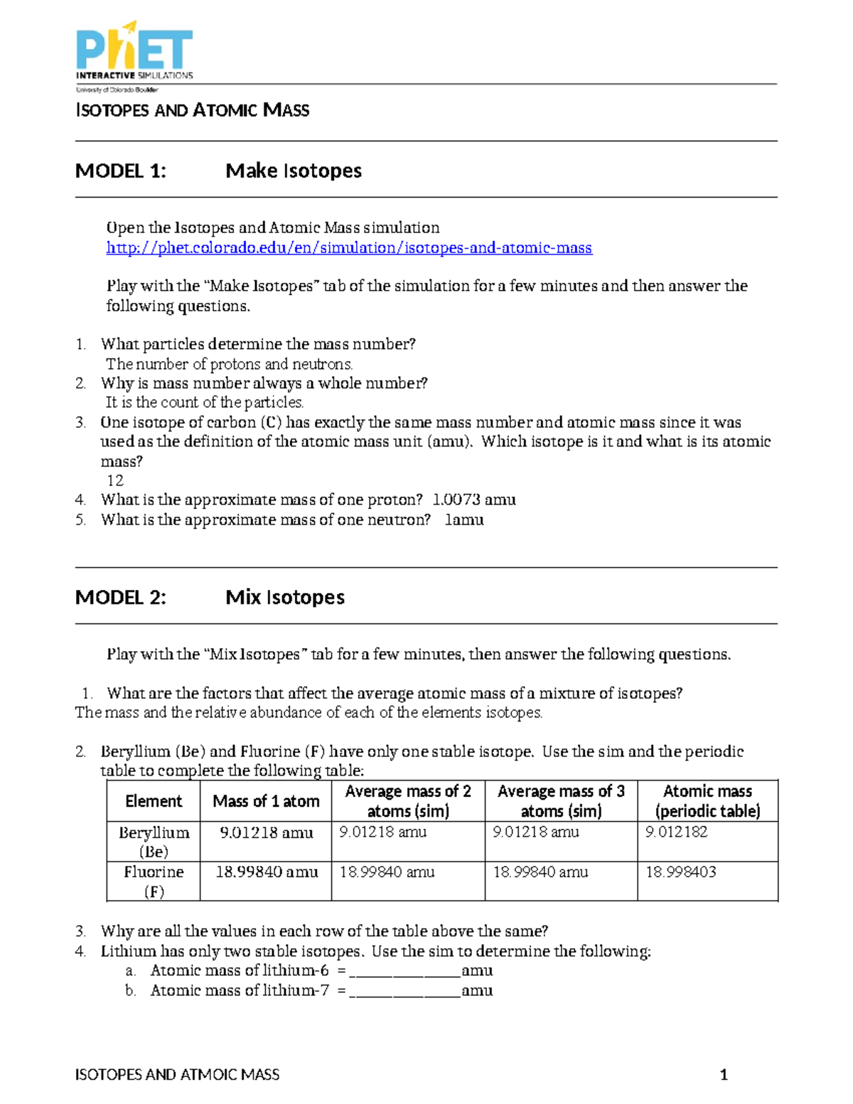 Isotopes Atomic-Mass Guided-Inquiry Student Handout 2 - ISOTOPES AND ...