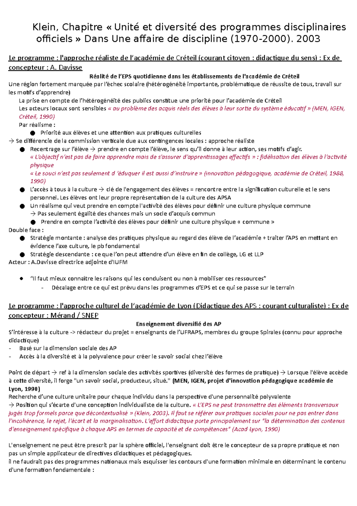 Fiche Lecture Klein - E1 Histoire - Klein, Chapitre « Unité Et ...