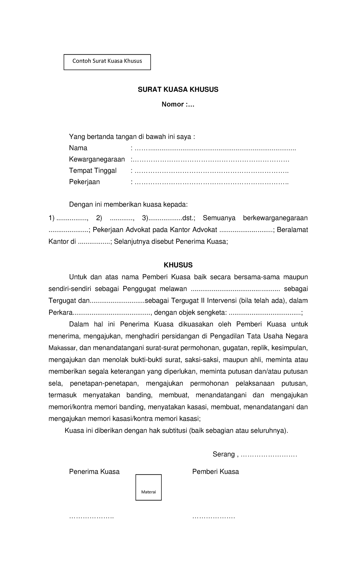 Contoh Surat Kuasa Khusus Surat Kuasa Khusus Nomor Yang Bertanda Tangan Di Bawah Ini Saya Studocu