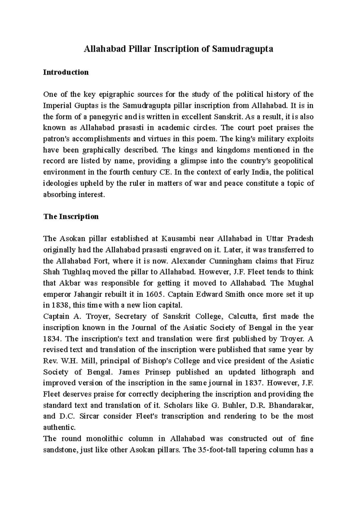 Allahabad Pillar Inscription of Samudragupta Allahabad Pillar