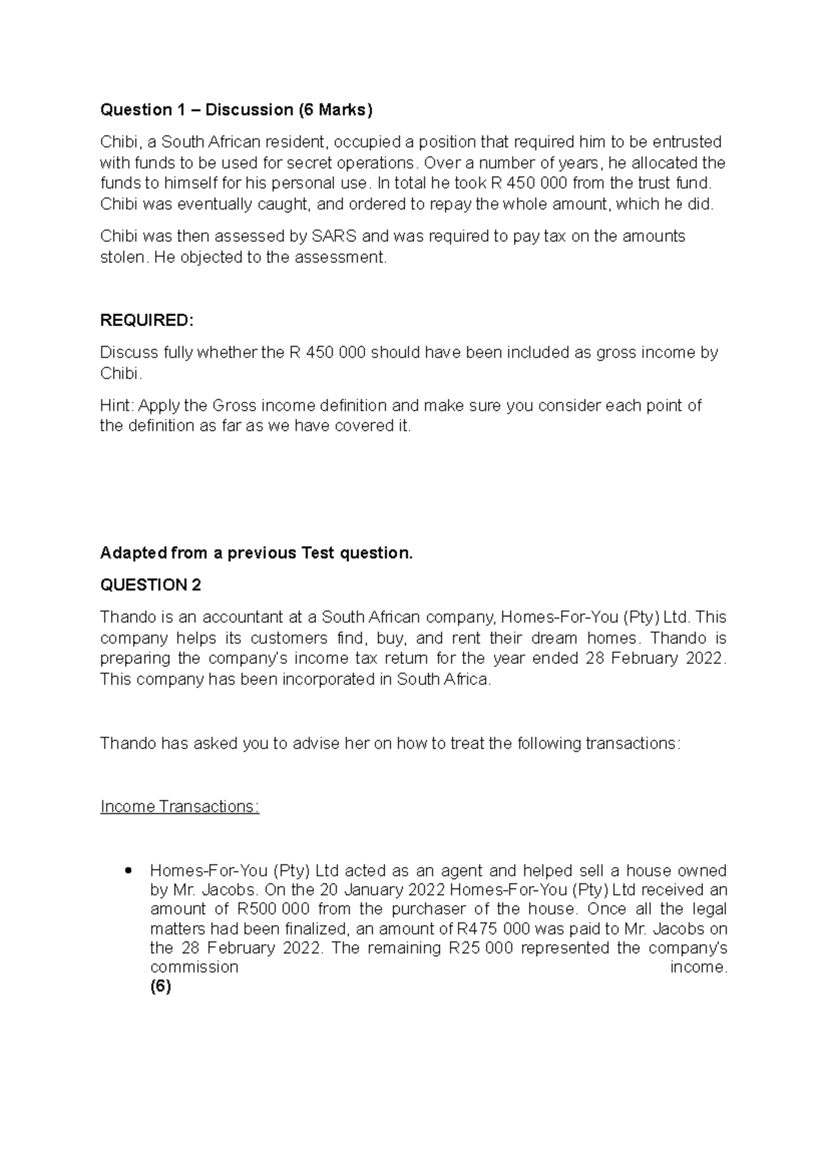 Gross Income Practical Questions - Question 1 – Discussion (6 Marks ...
