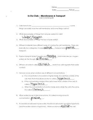 Membrane transport Crash Course - Name: Date: Period: - Studocu