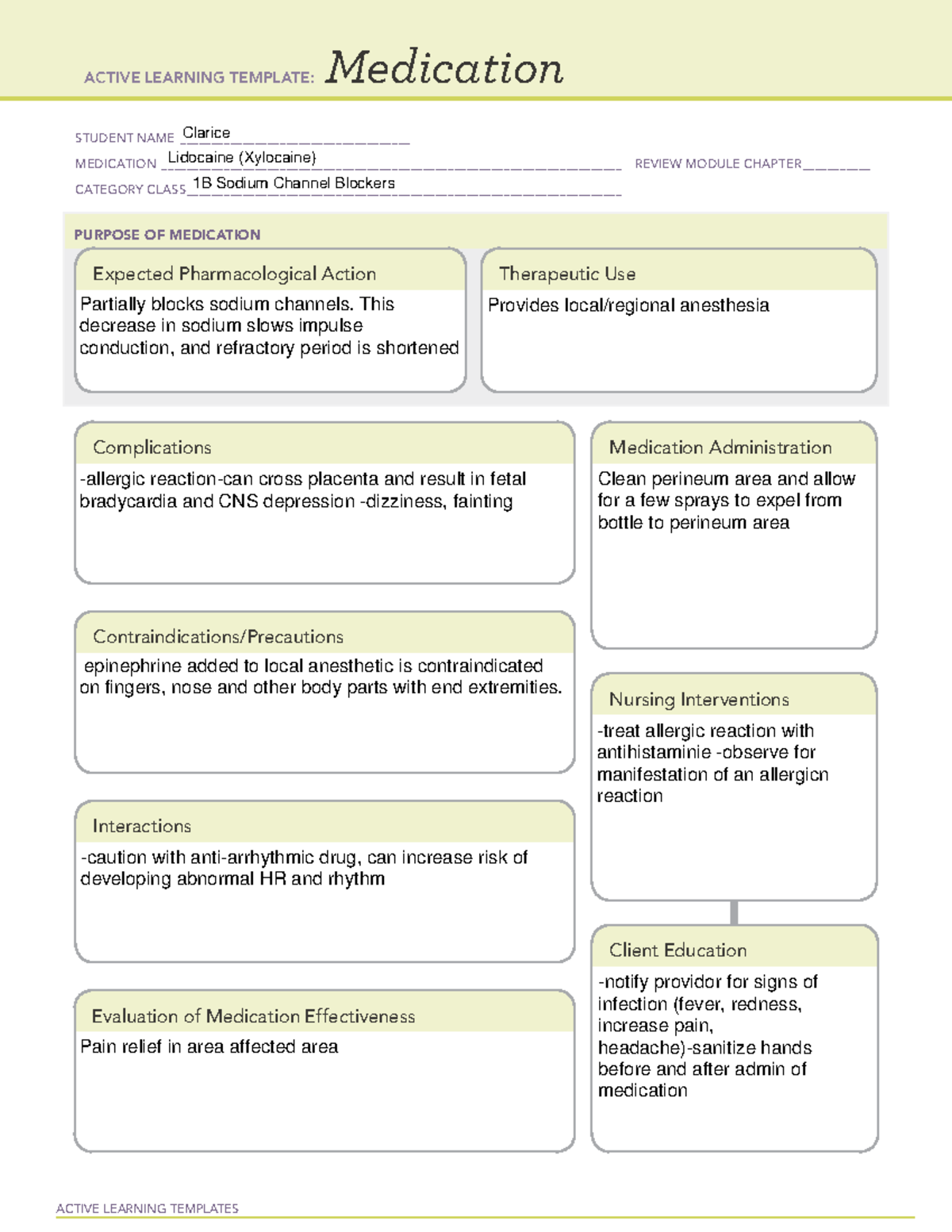 Lidocaine med - n/a - ACTIVE LEARNING TEMPLATES Medication STUDENT NAME ...