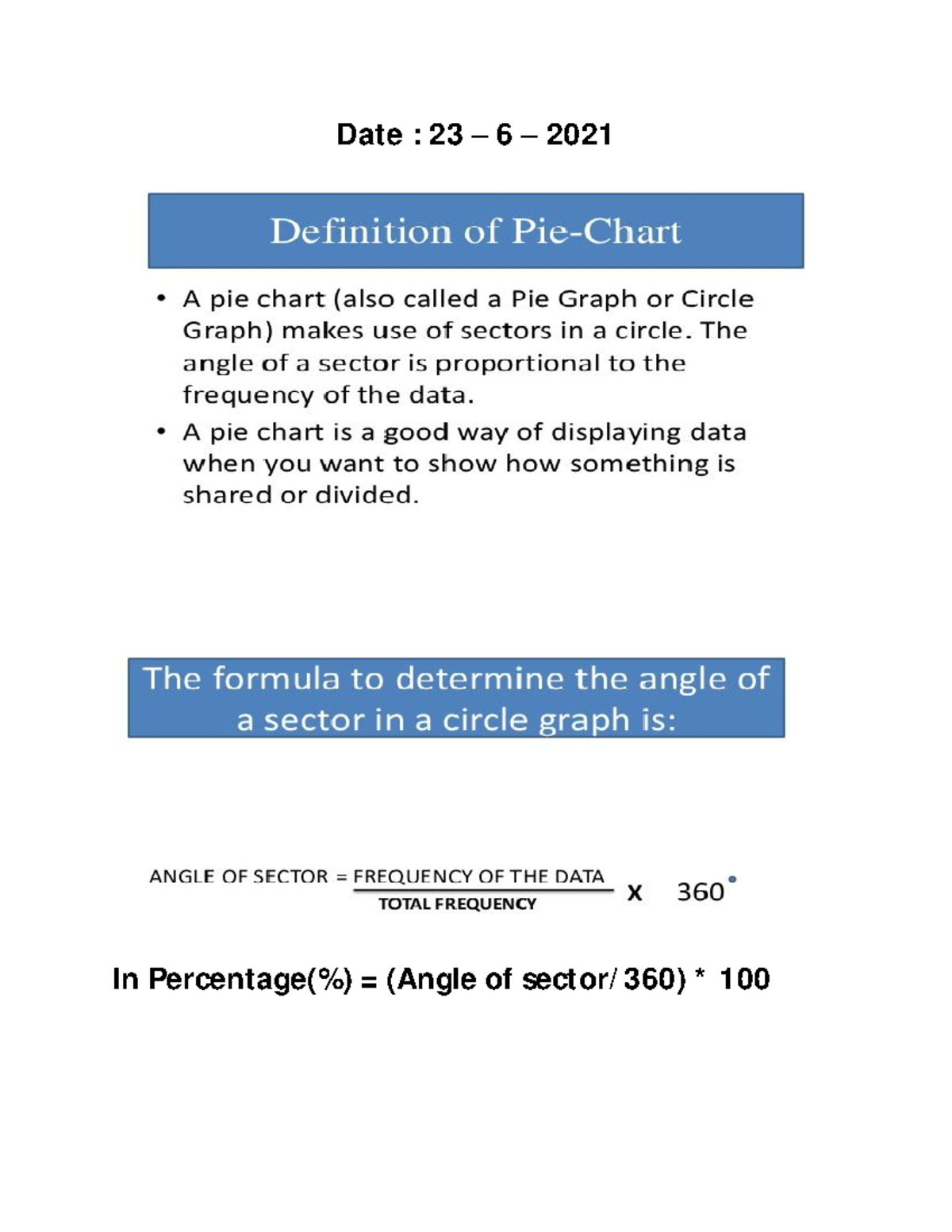 Pie chart - Date : 23 – 6 – In Percentage(%) = (Angle of sector/ 360 ...