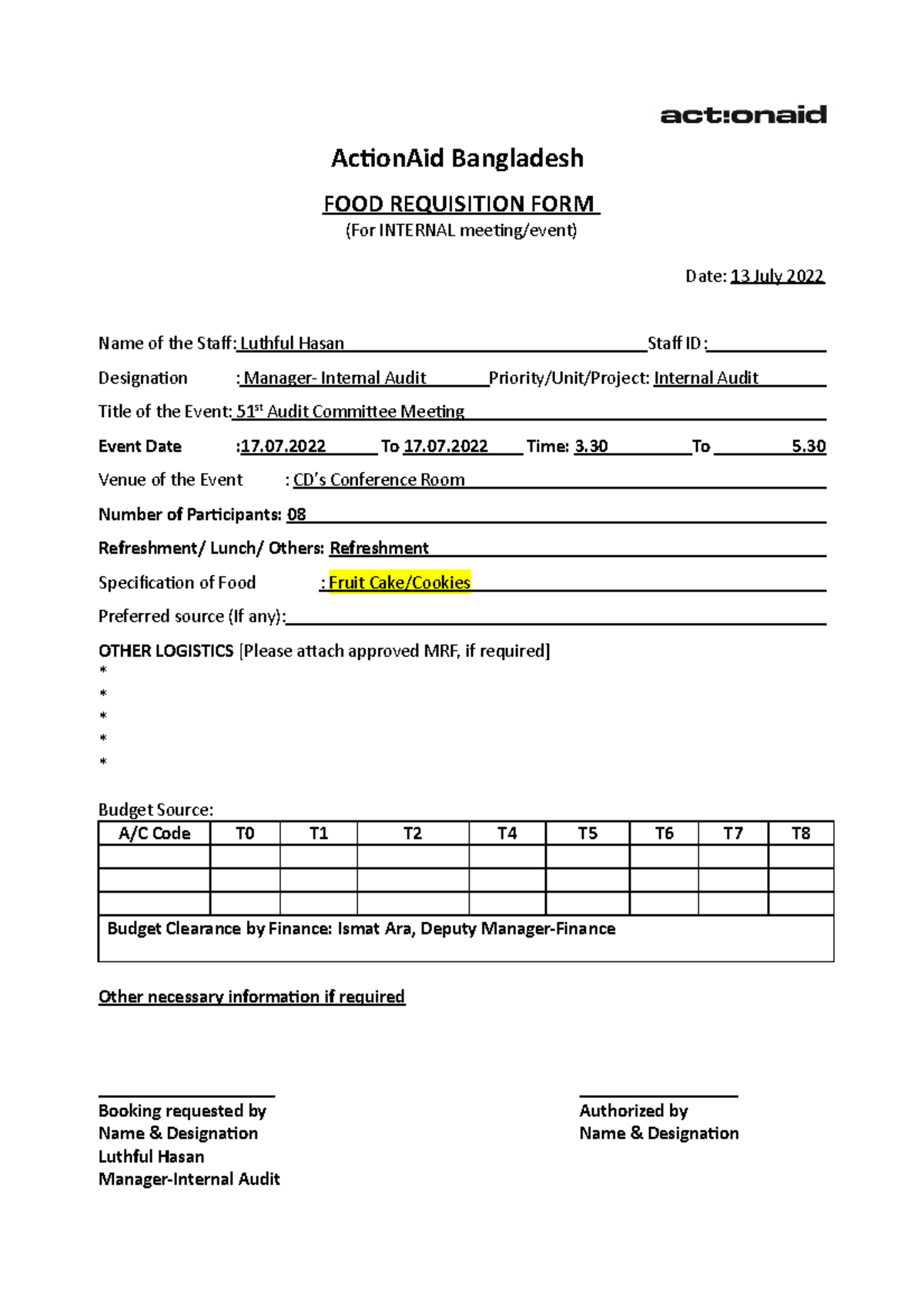 Food Requisition Form - ActionAid Bangladesh FOOD REQUISITION FORM (For ...