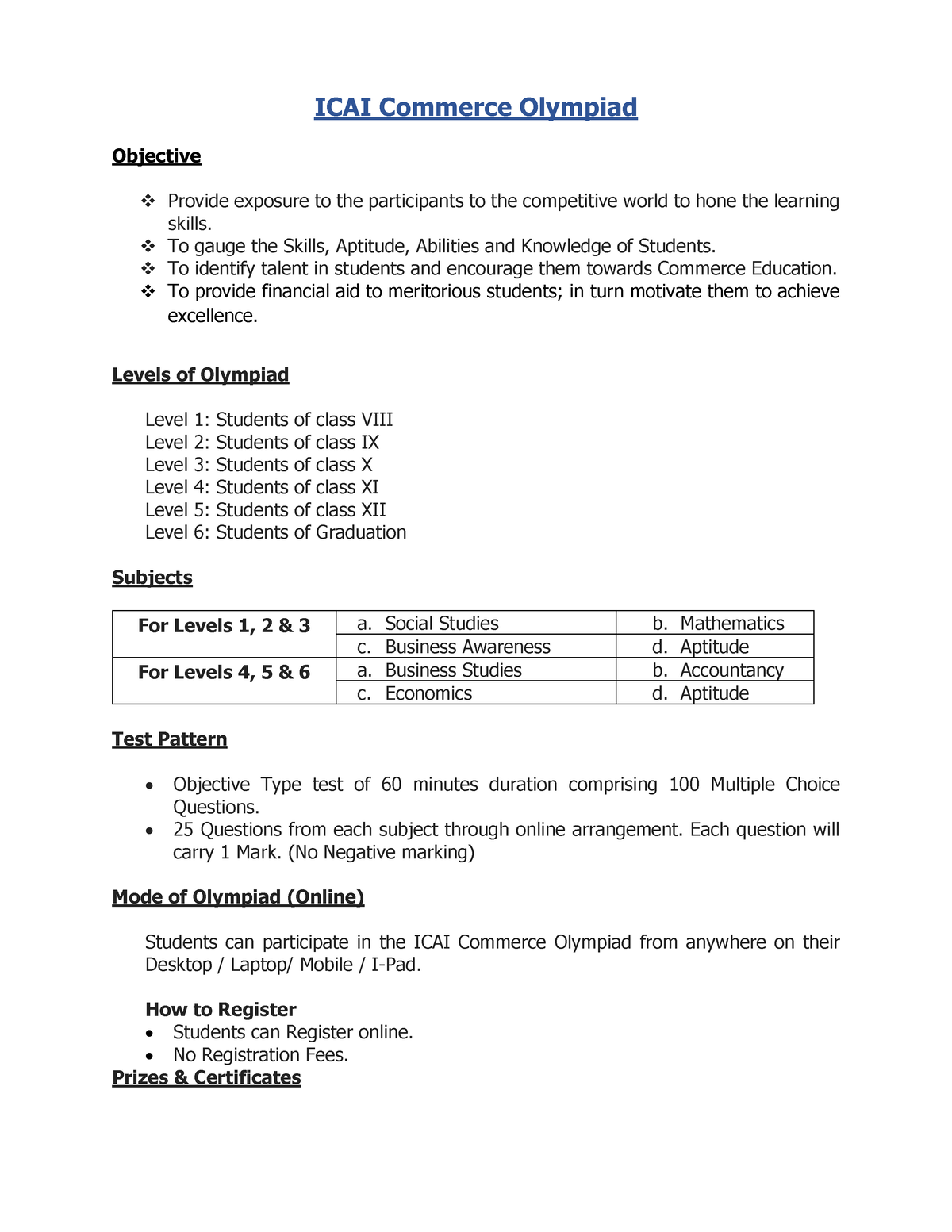 Icai commerce schema ICAI Commerce Olympiad Objective Provide