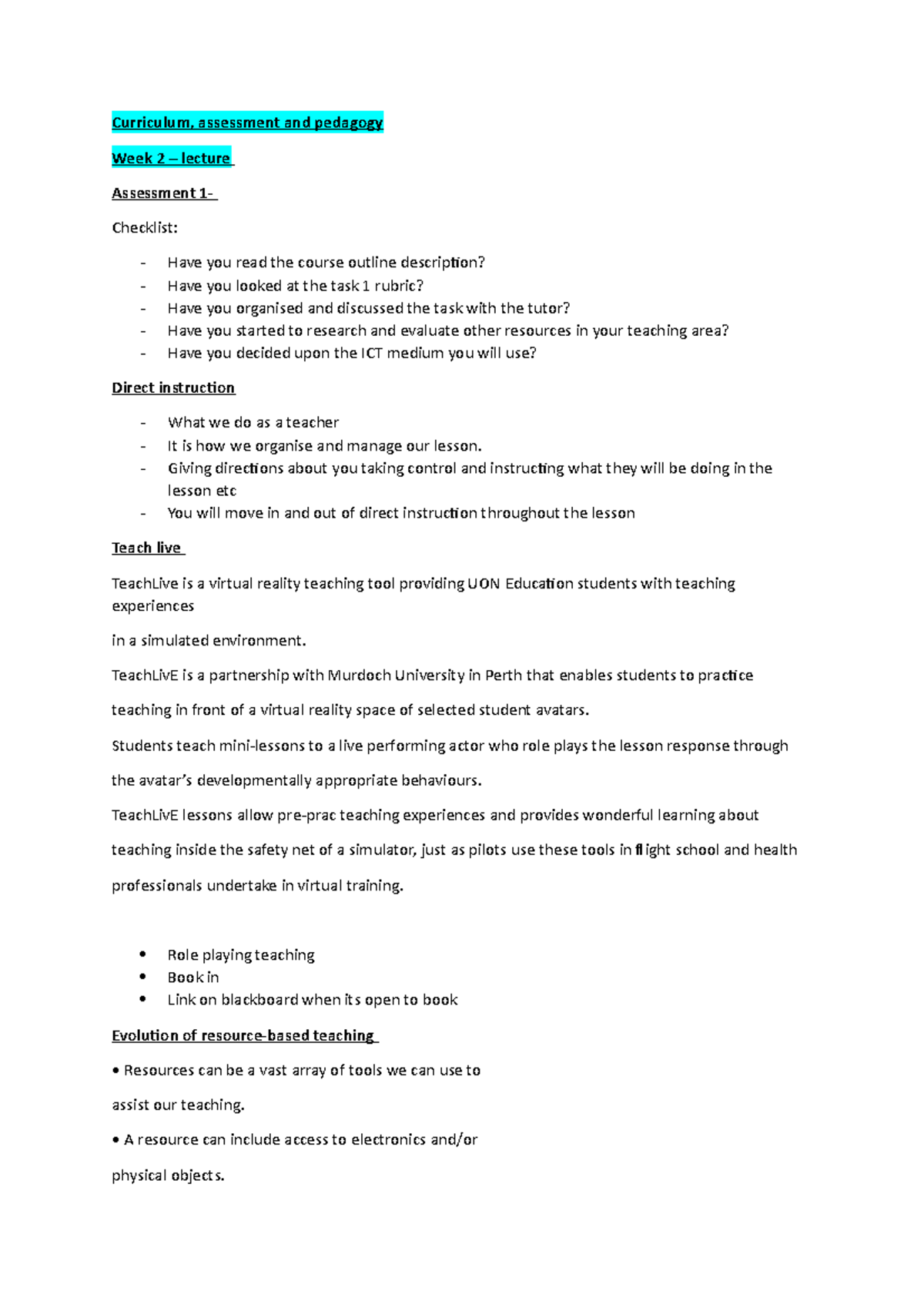 Week 2 - week 2 - Curriculum, assessment and pedagogy Week 2 – lecture ...