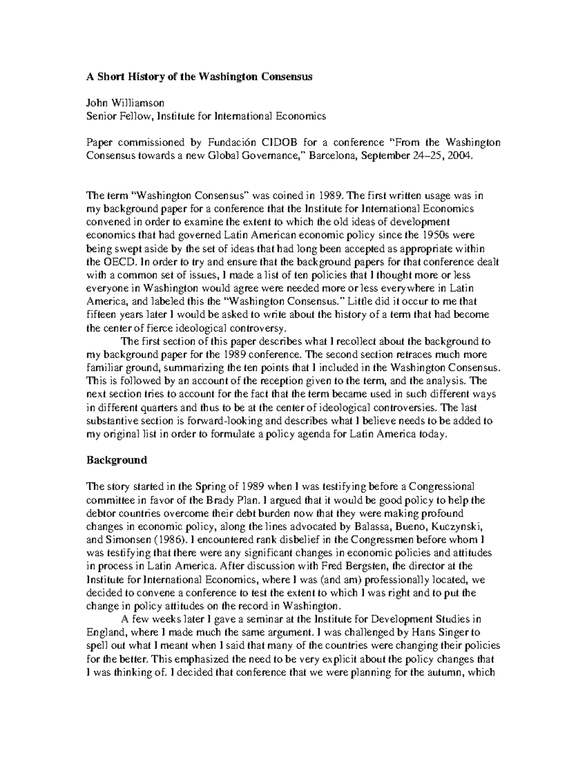 Washigton Consensus - A Short History of the Washington Consensus John ...