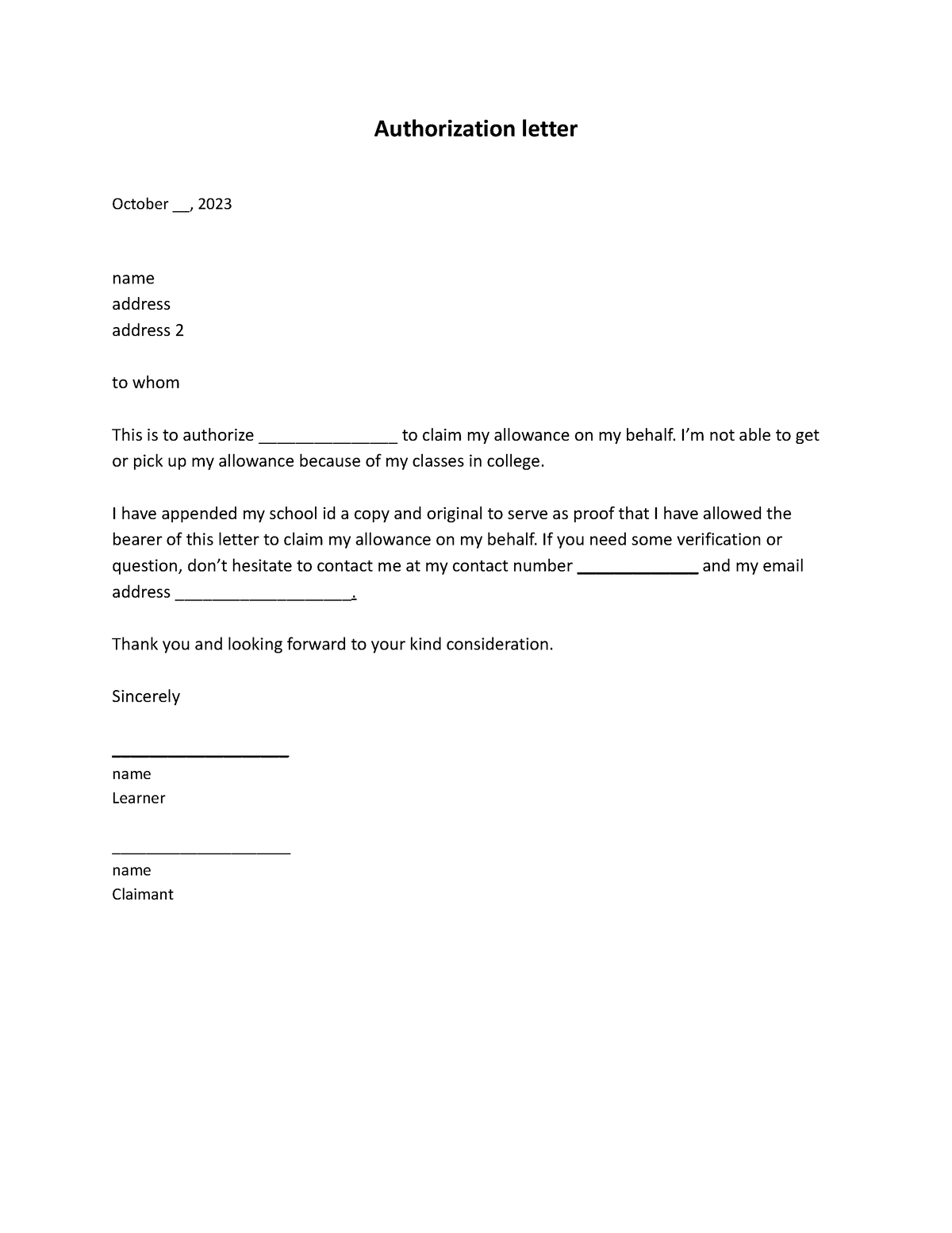 Authorization letter sample - Authorization letter October __, 2023 ...