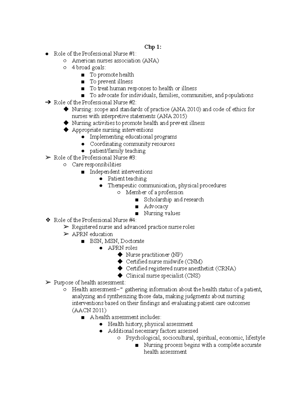 Health Assessment Lecture Notes - Chp 1: Role of the Professional Nurse ...