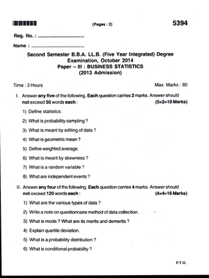 2014 - Paper - (Pages: 2) 5394 Reg. No.. Name:. Second Semester B. LL.  (Five Year Integrated) Degree - Sns-Brigh10