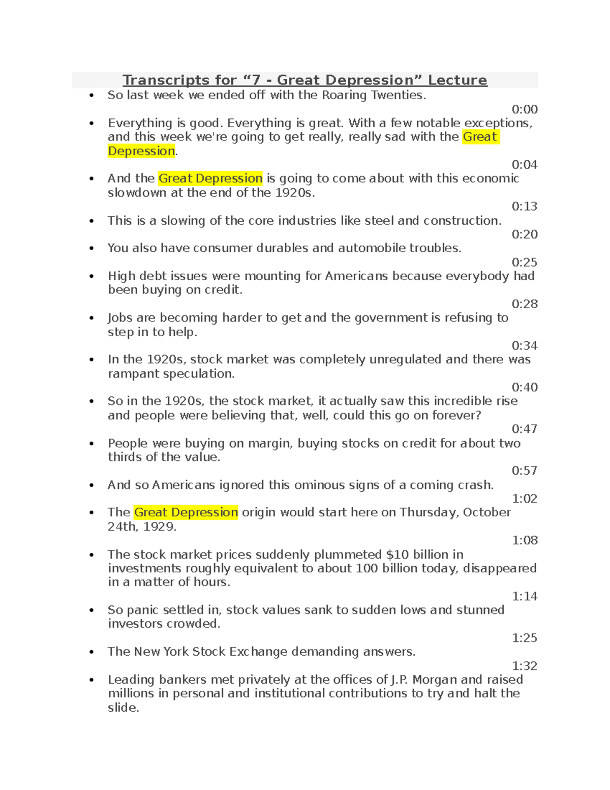 7 Great Depression Transcripts FOR Lecture Transcripts for “7