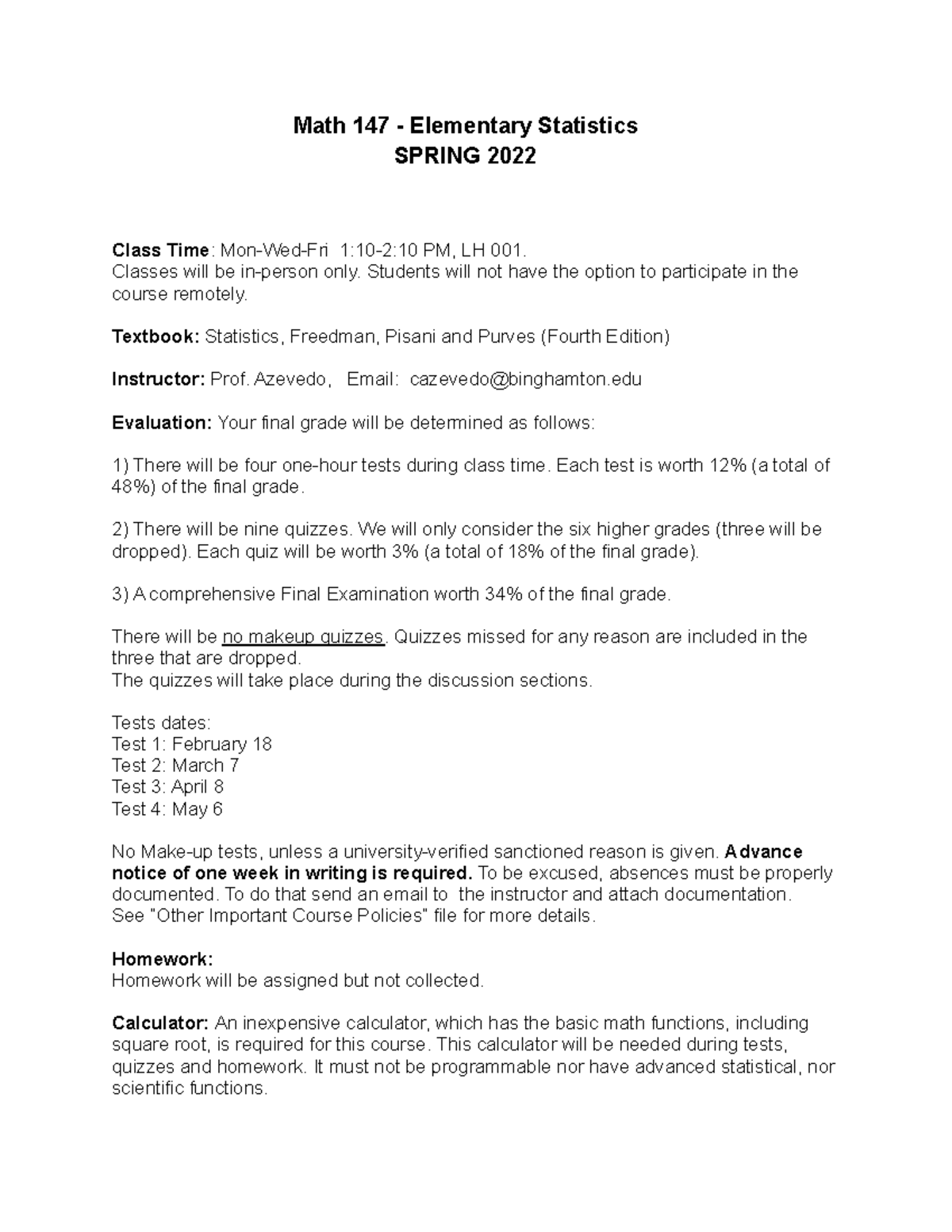 Math 147 - Syllabus Spring 2022 - Math 147 - Elementary Statistics ...