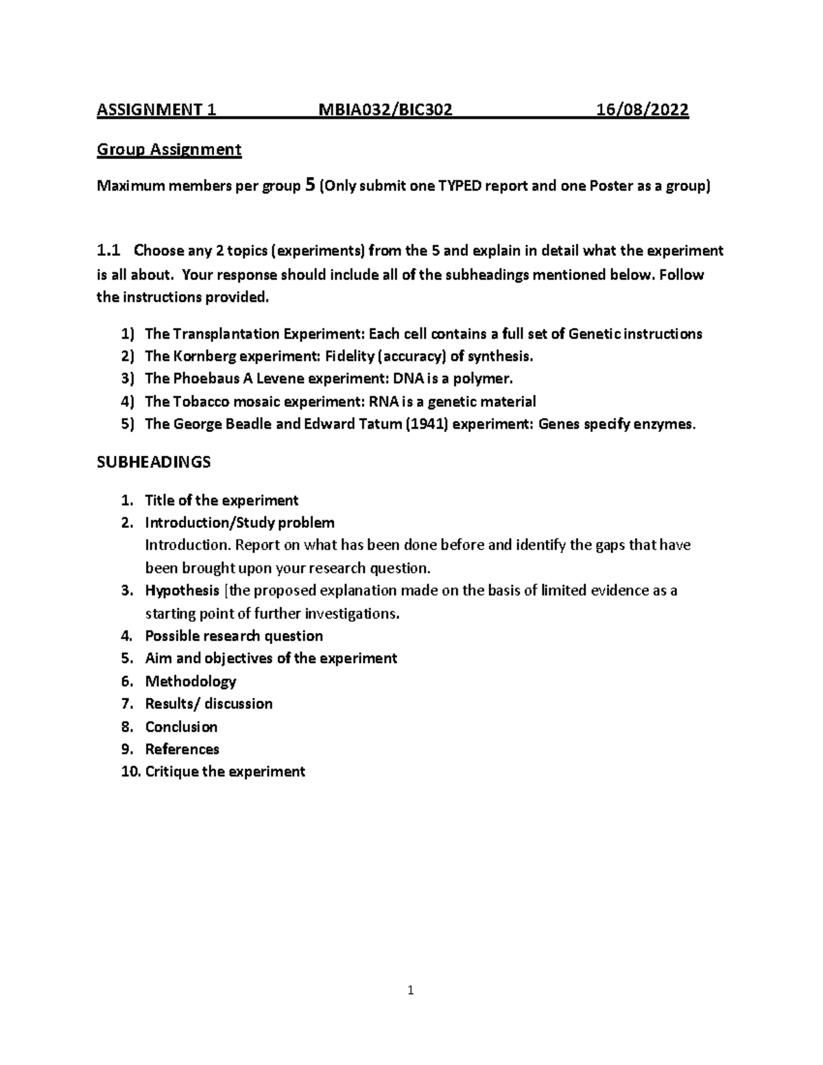 Assignment 1 MBIA0322022 - 1 ASSIGNMENT 1 MBIA032/BIC302 16/08/ Group ...