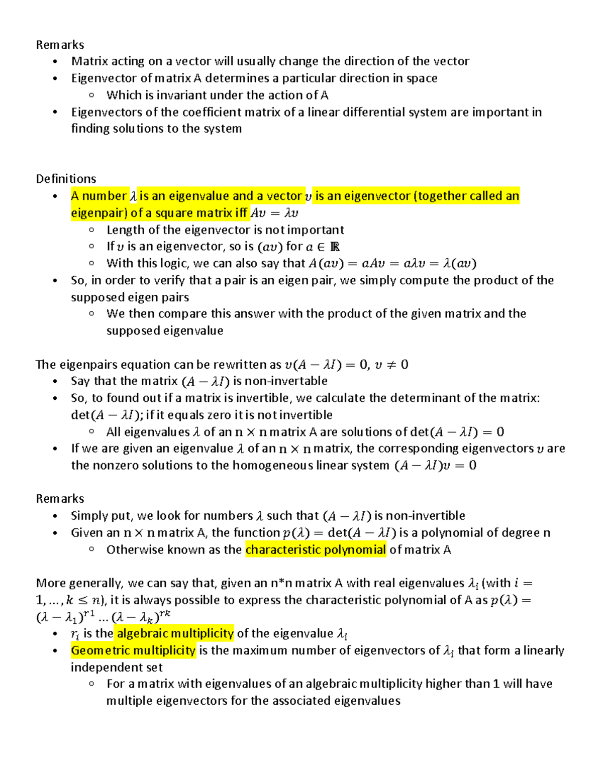 MTH235 Chapter5.4 - Remarks Matrix acting on a vector will usually ...