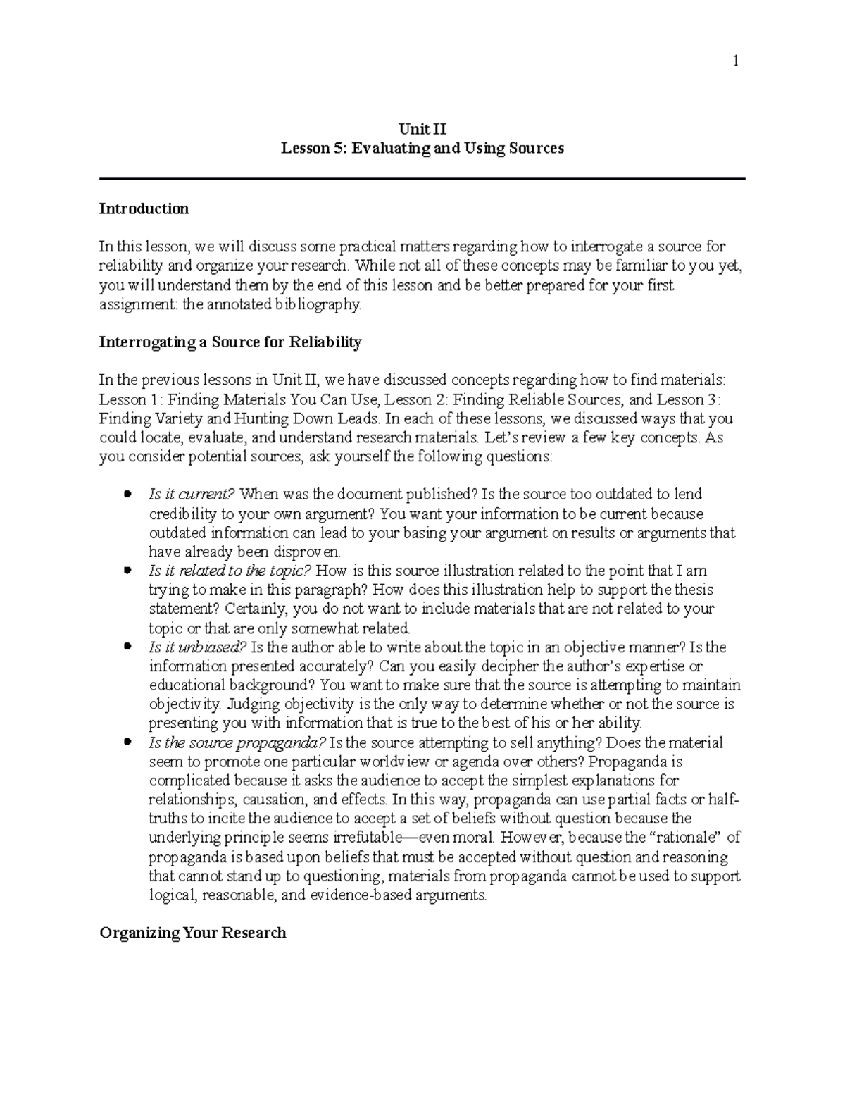 Unit 2 Lesson 5 Script - 1 Unit II Lesson 5: Evaluating and Using ...