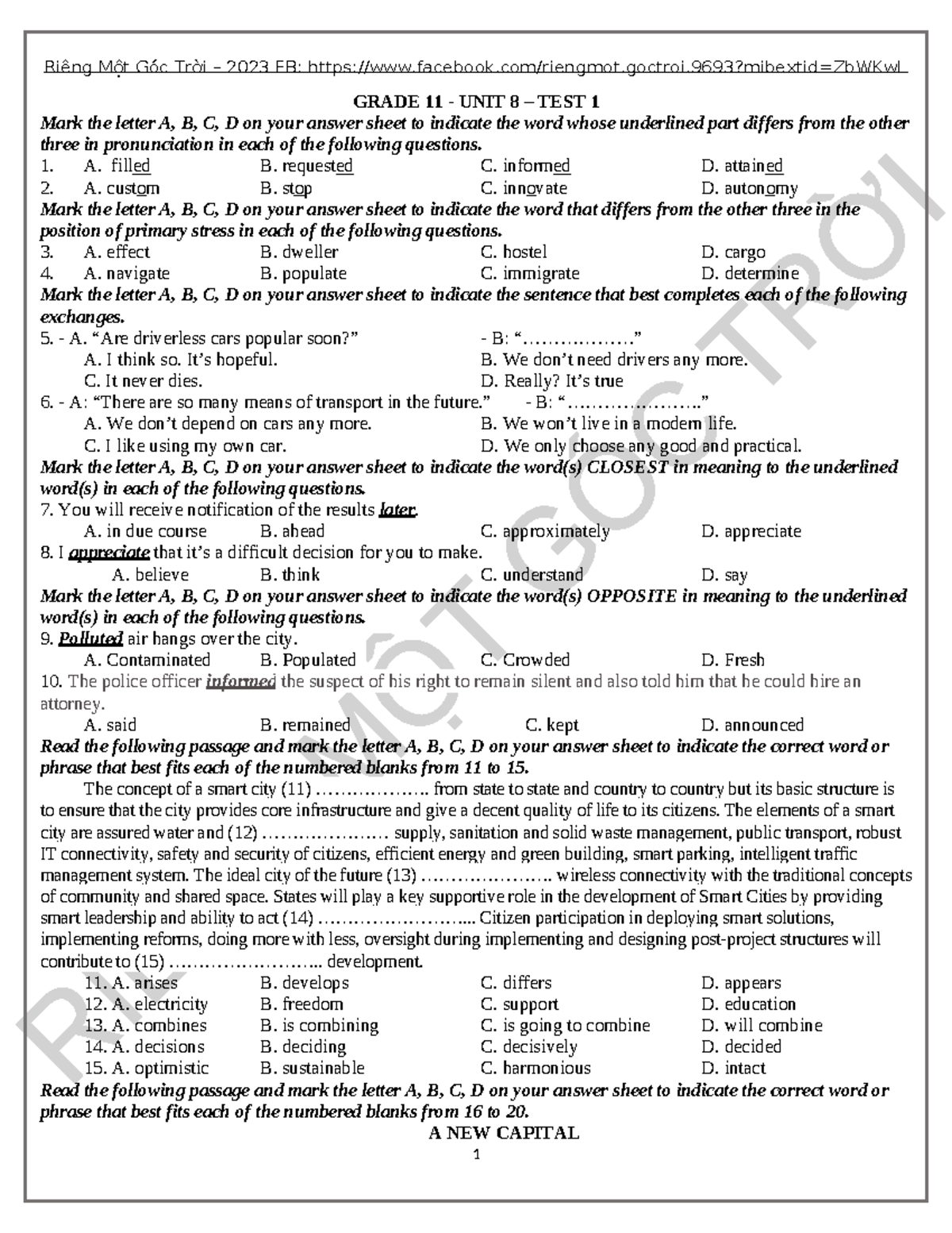 Đề kiểm tra Friends Global Grade 11 - UNIT 8 - TEST 1 - ĐỀ - GRADE 11 ...