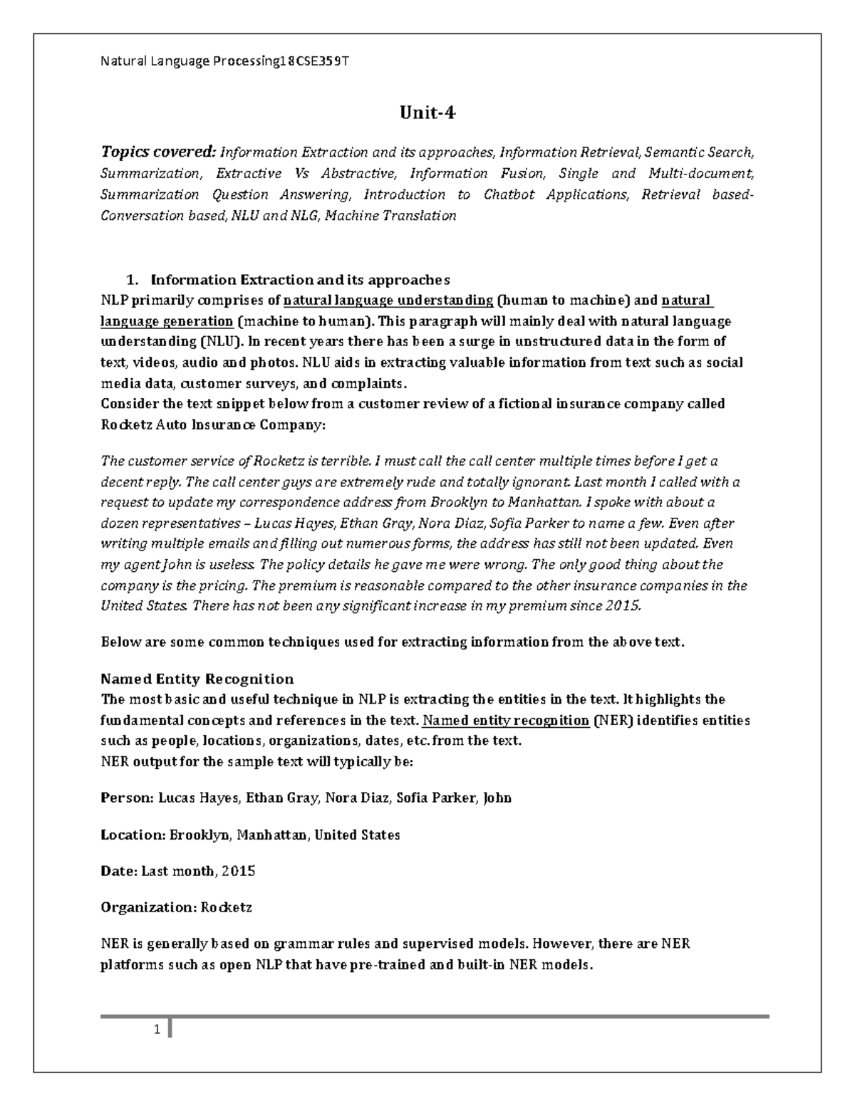 Nlp unit 4 - UNIT NOTES - Unit- Topics covered: Information Extraction ...