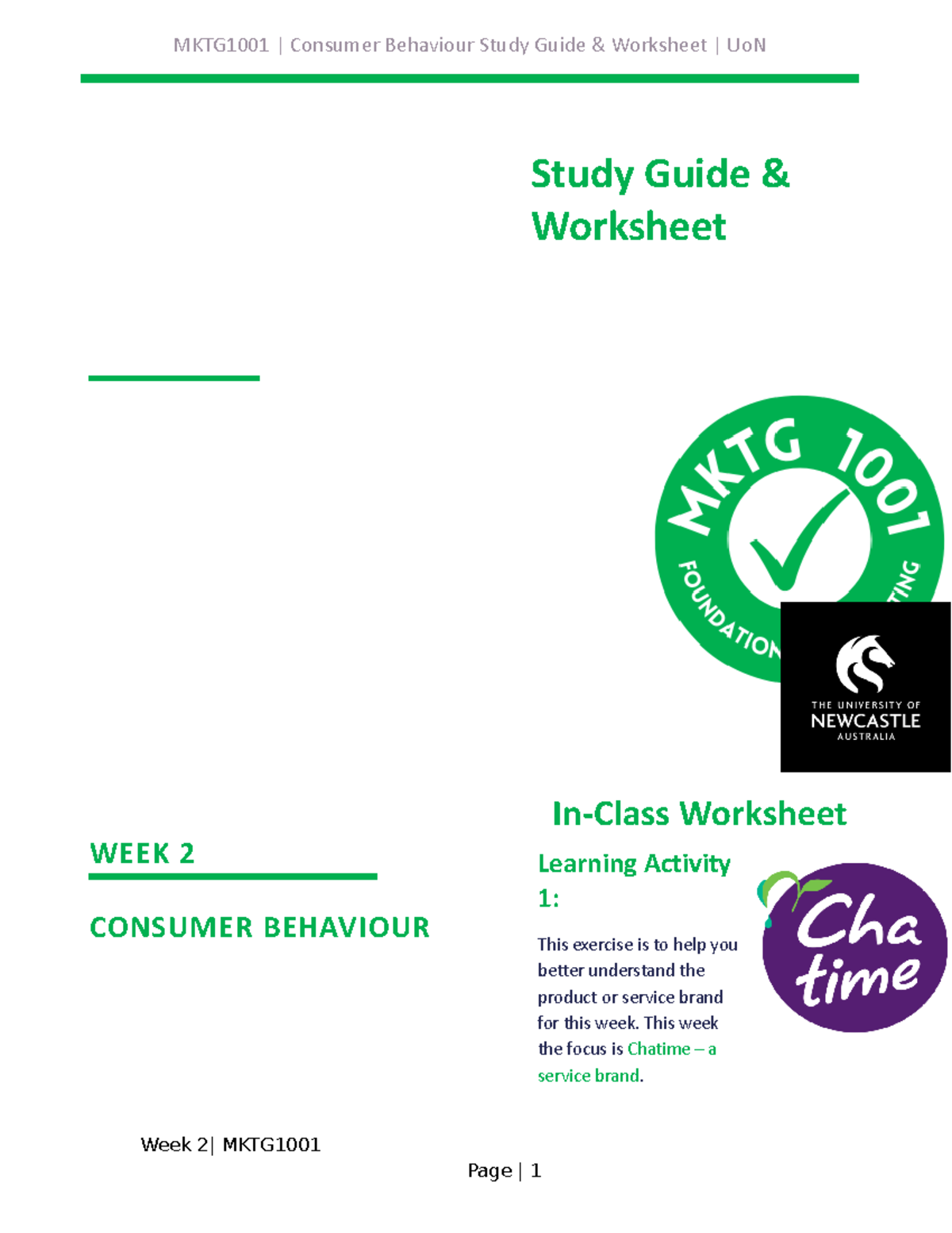 MKTG1001 Week 2 Consumer Behaviour - In-Class Worksheet Learning ...