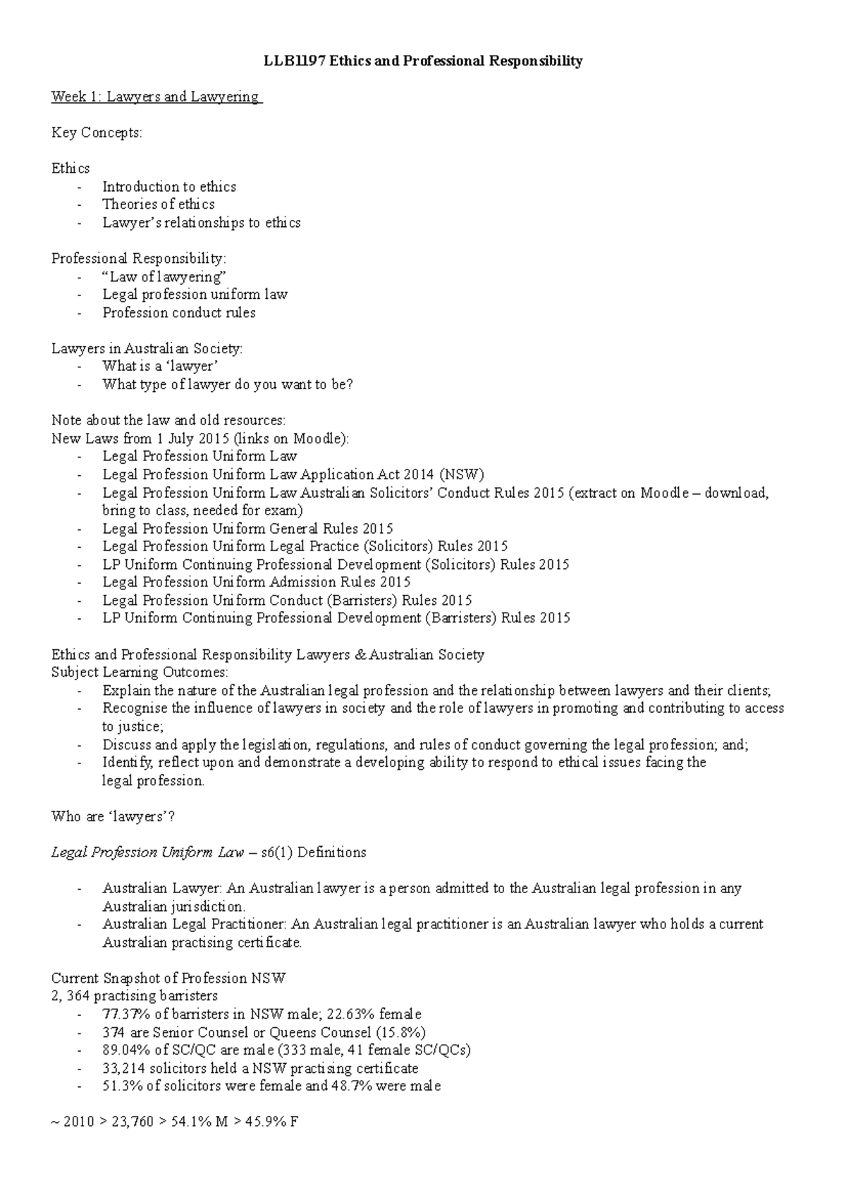 LLB1197 Notes - idk - LLB1197 Ethics and Professional Responsibility ...