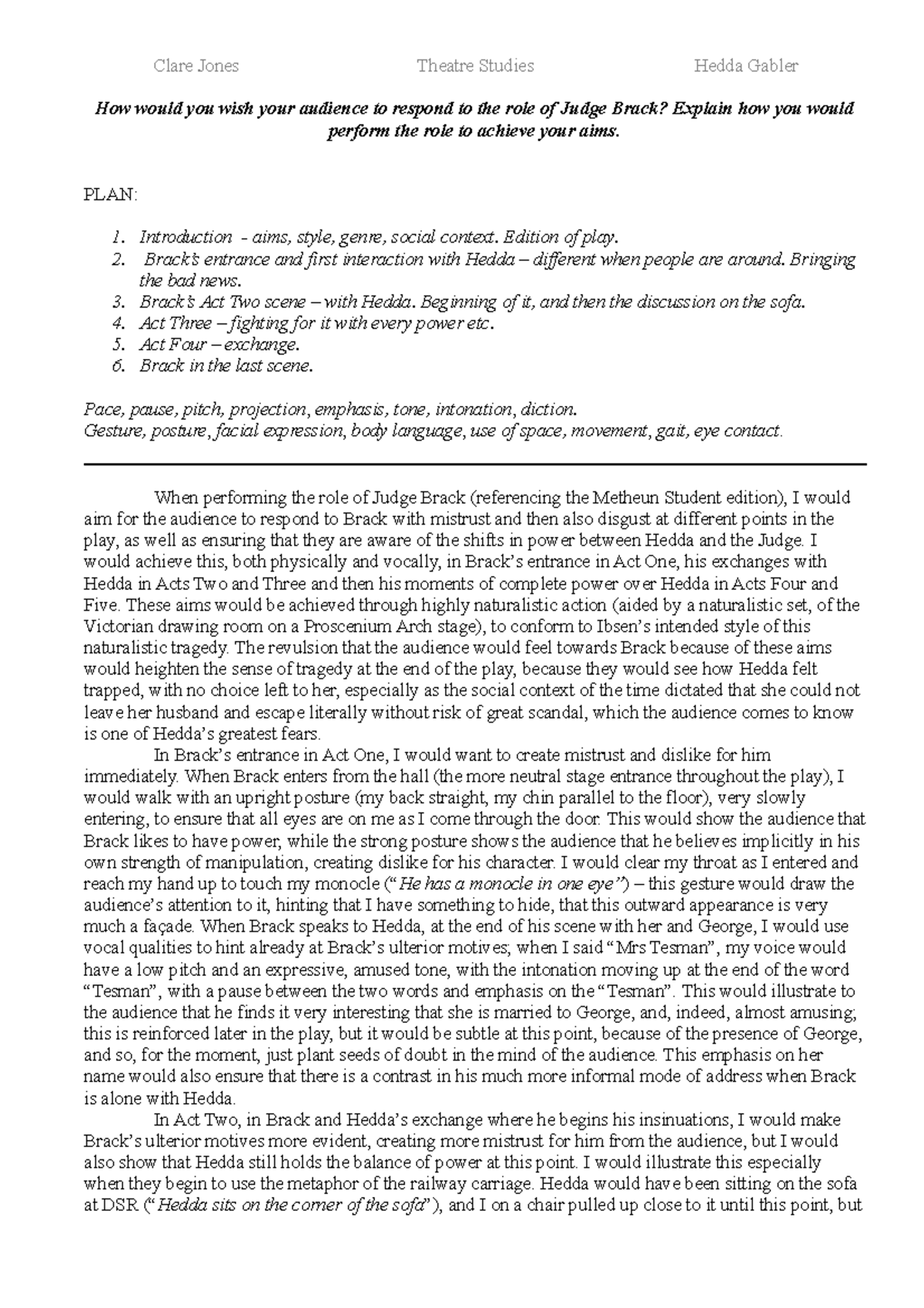 Brack essay - Clare Jones Theatre Studies Hedda Gabler How would you ...