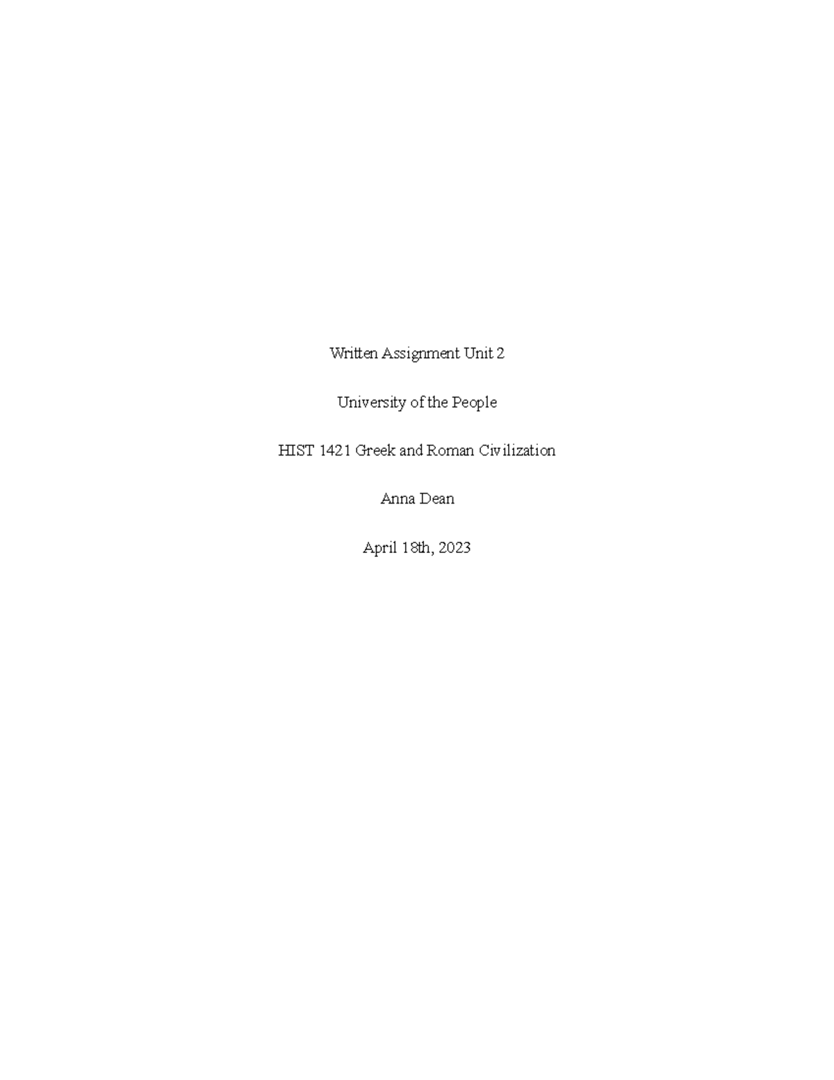 HIST1421 - Written Assignment Unit 2 - Written Assignment Unit 2 ...