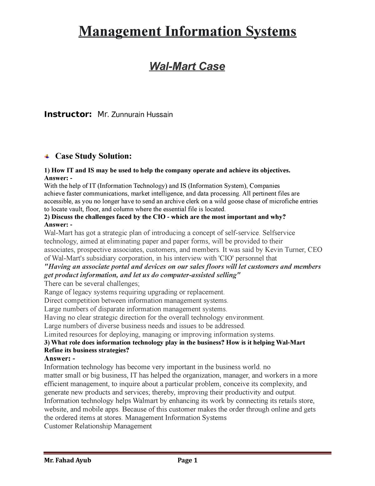 Wal Mart Case - Management Information System Case Study - Management ...