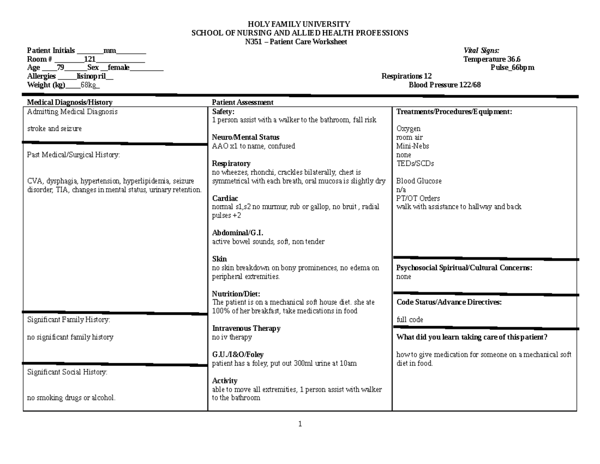 361 Patient Care Worksheet (1)(1) (1) - HOLY FAMILY UNIVERSITY SCHOOL ...