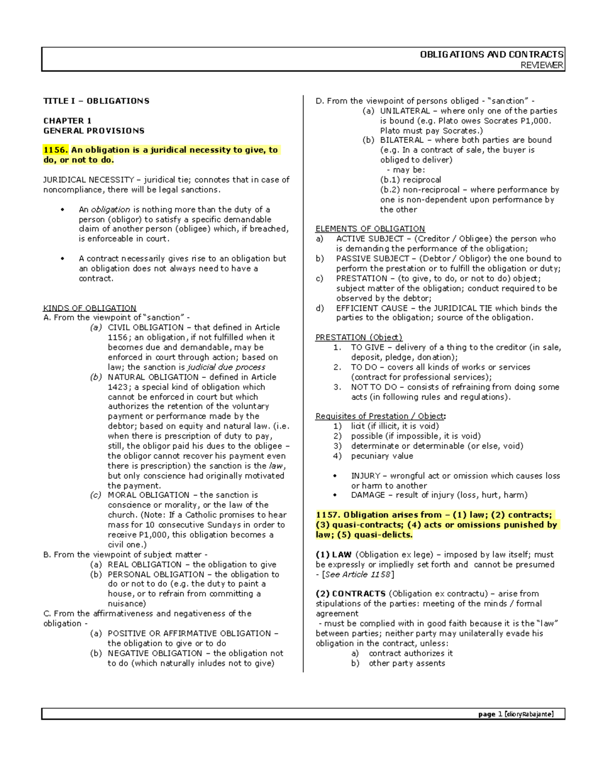 Oblicon-summary-1 - Study - REVIEWER TITLE I – OBLIGATIONS CHAPTER 1 ...