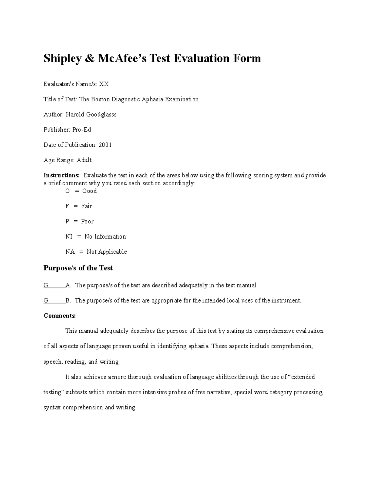 Test Evaluation final - Shipley & McAfee’s Test Evaluation Form ...