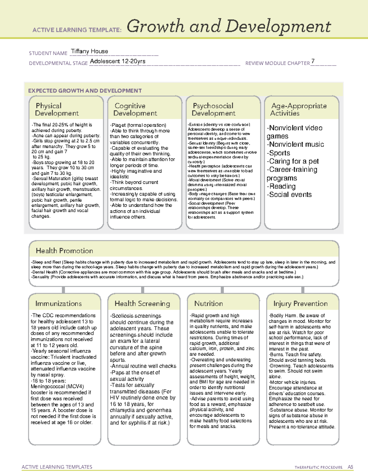 Adolescent Growth And Development ACTIVE LEARNING TEMPLATES 