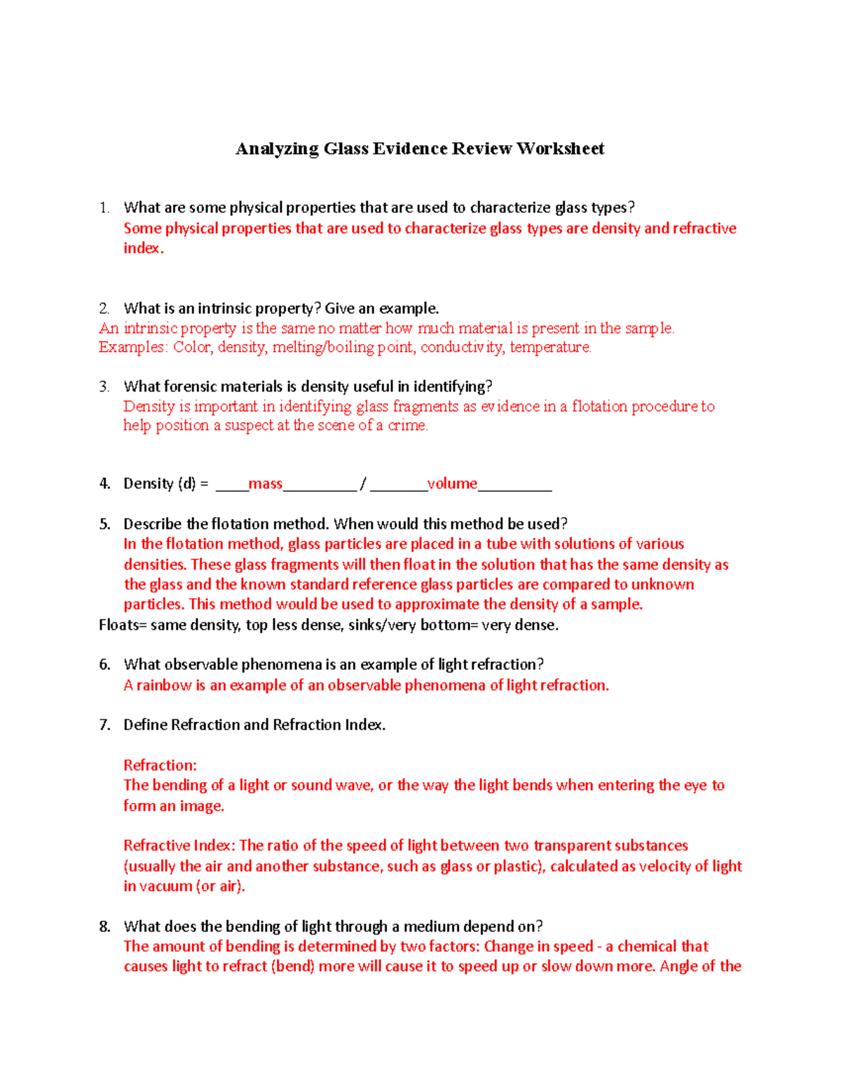 Glass Evidence Analysis Worksheet Analyzing Glass Evidence Review